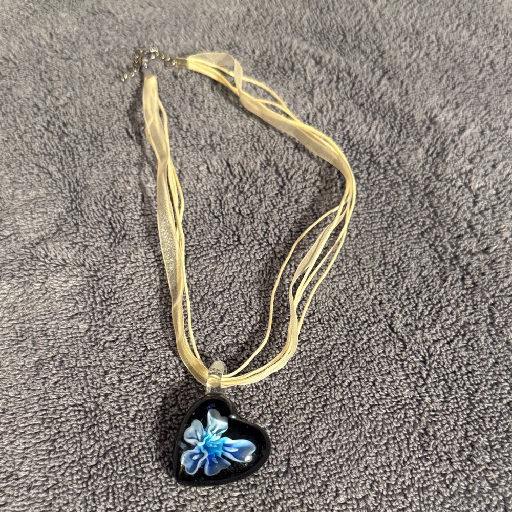 Elegant Blue Floral Glass Heart Pendant Necklace
